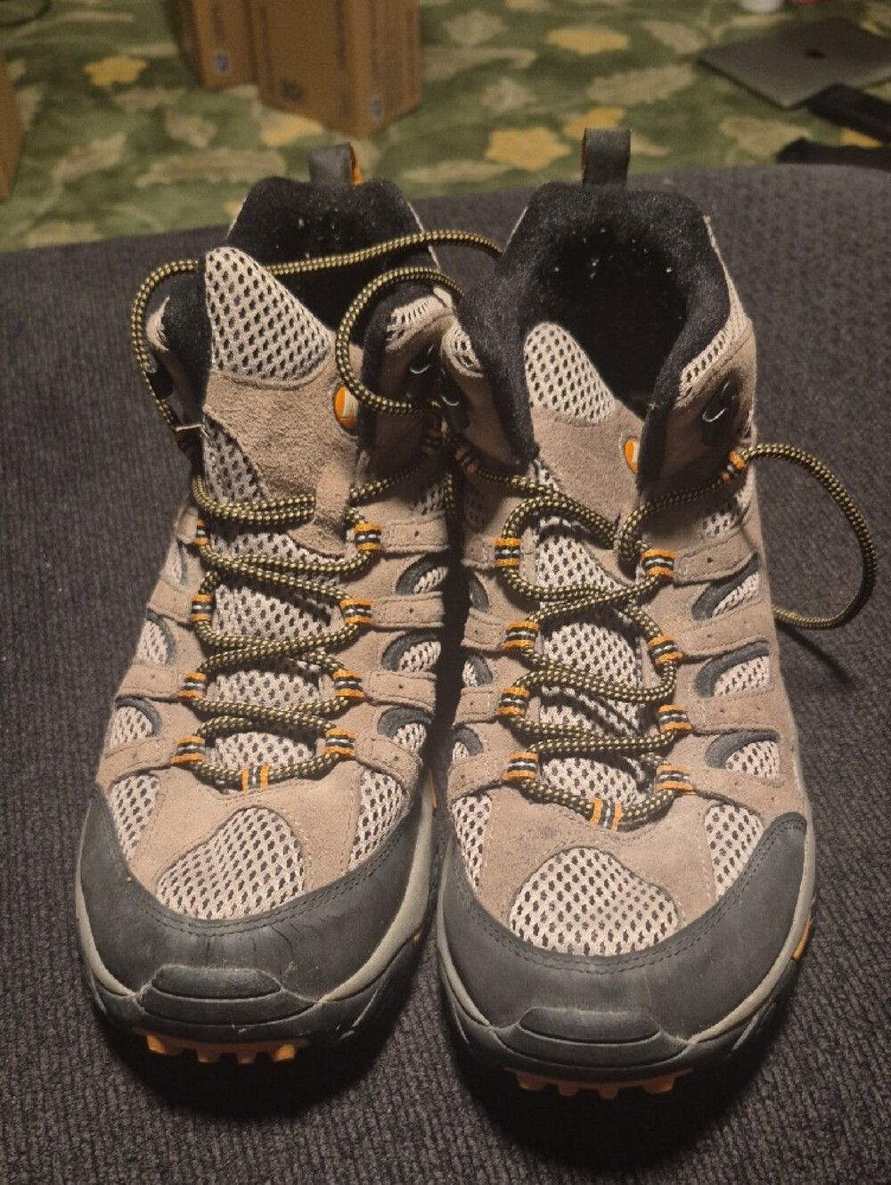 Merrell Taupe and Black Hiking Boots with Yellow Accents - Picture 2 of 9